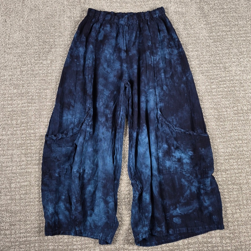 Oh My Gauze Pants size 2 L/XL Blue Tie Dye Boho Wide Leg Cotton Cargo Lagenlook